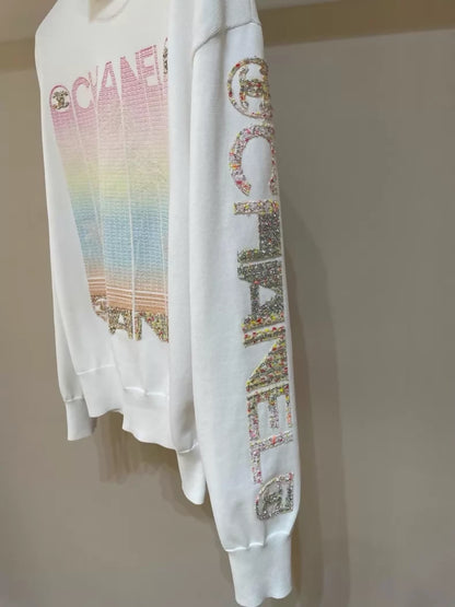 Chanel 24C Colourful Letter Print Sequin White Sweater
