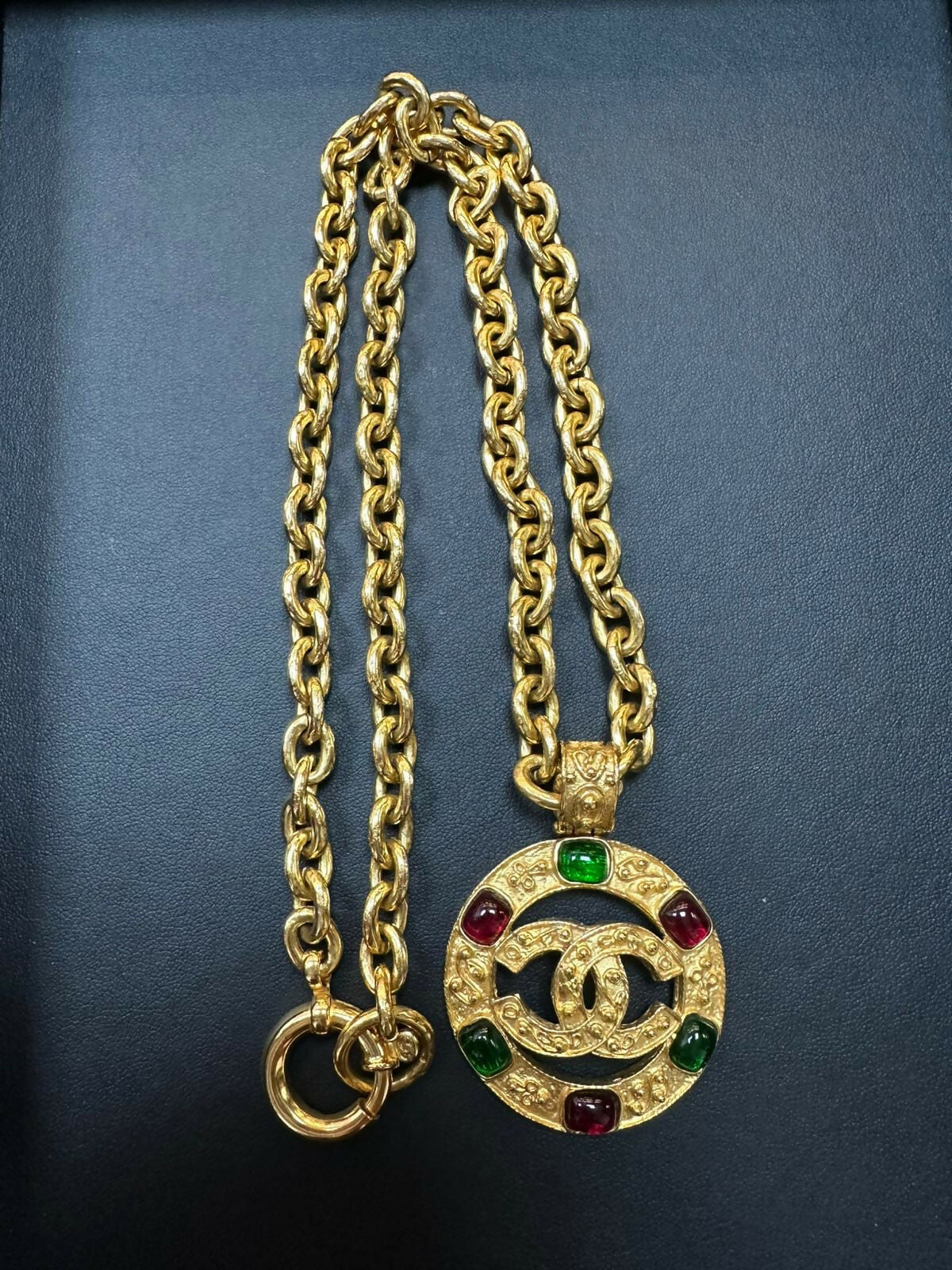 Chanel Vintage 94 Gripoix Grapevines & Gold Plated Red and Green CC Necklace