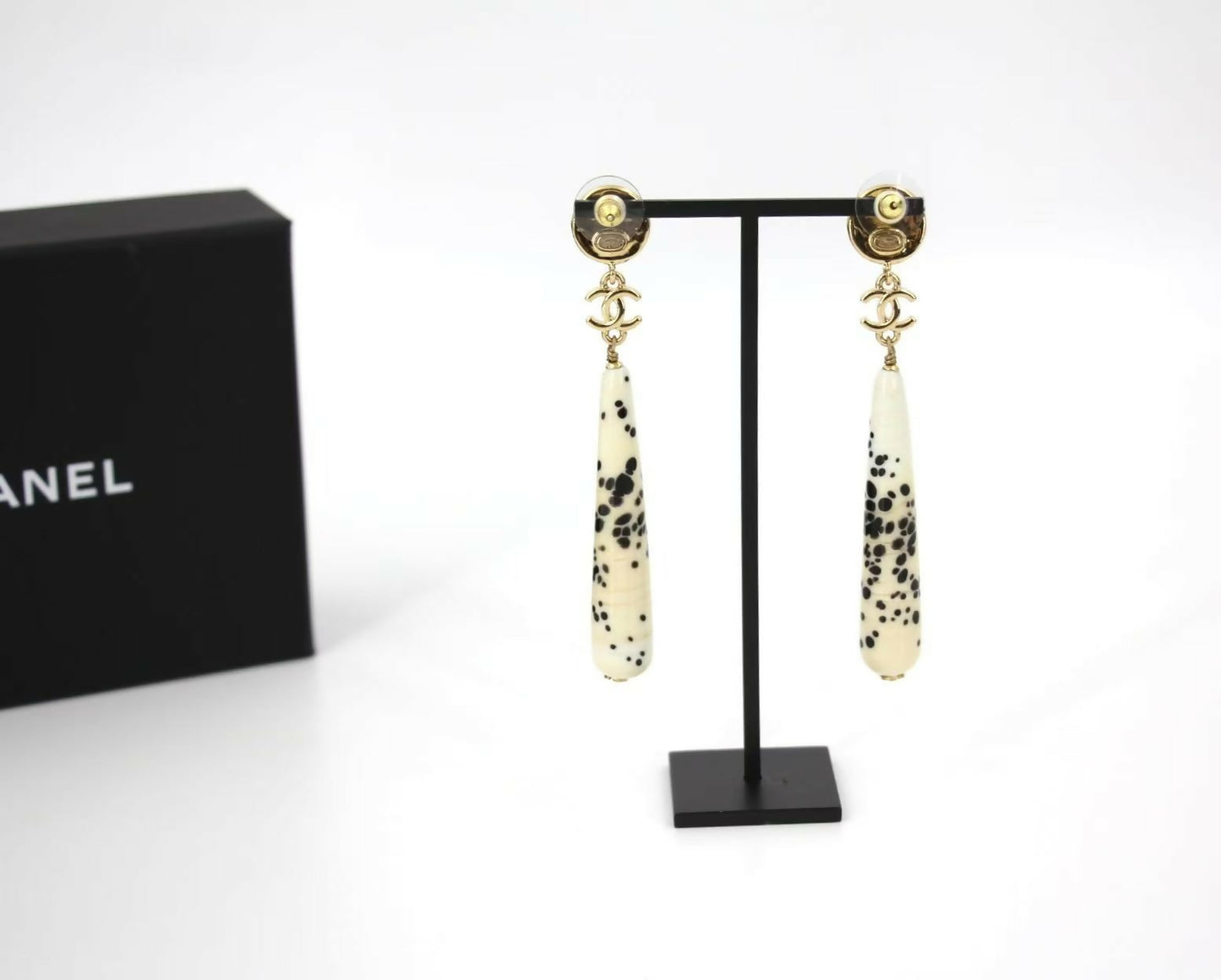 Chanel 26A Resin Polka Dot Black and White Drop Stud Earrings