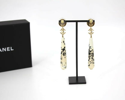 Chanel 26A Resin Polka Dot Black and White Drop Stud Earrings