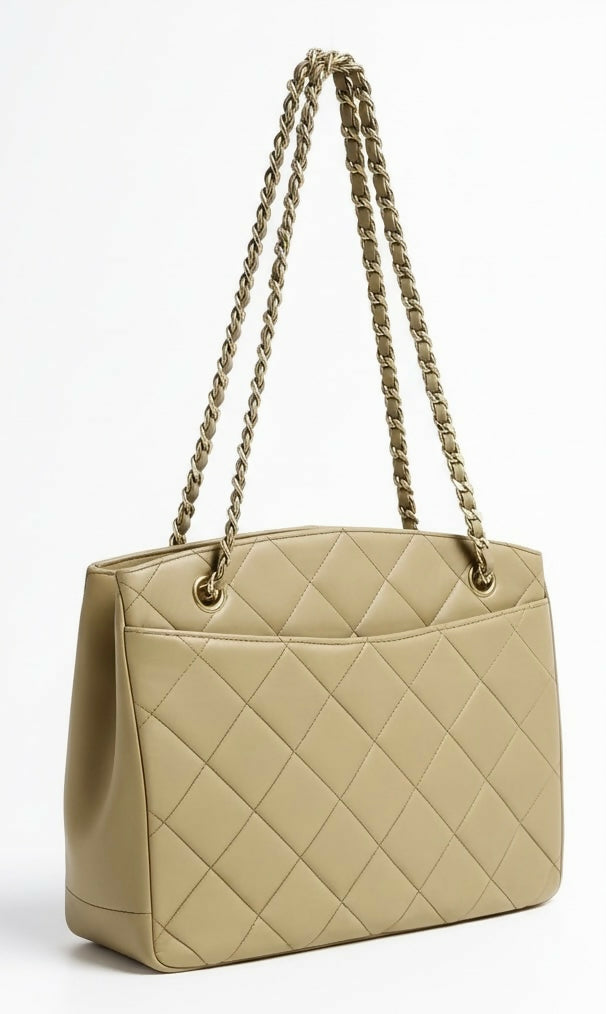 Chanel Vintage 24K CC Beige Lambskin Classic Timeless Tote Bag