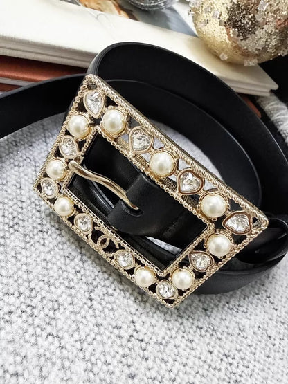 Chanel 22B pearl and rhinestone square leather belt,