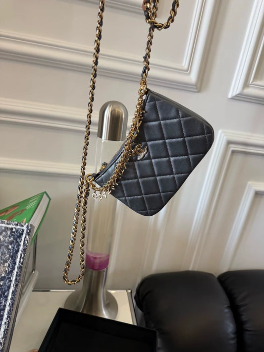 Chanel 24p metallic gray leather with gold hardware shoulder bag