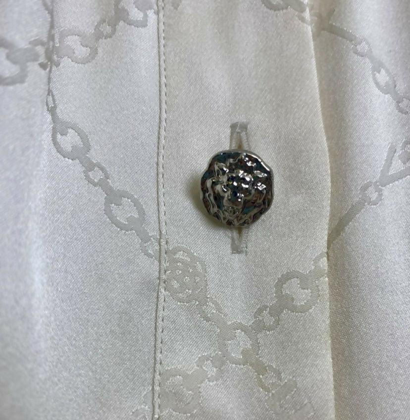 Chanel 23C Ecru Jacquard Silk CC Logo Velvet Bow Blouson Dress FR 40