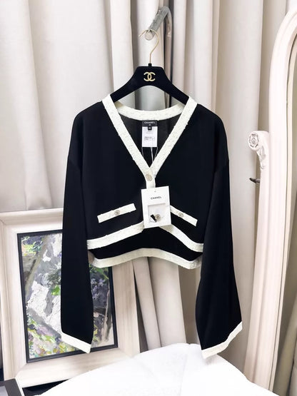 Chanel 25A black white knit cardigan