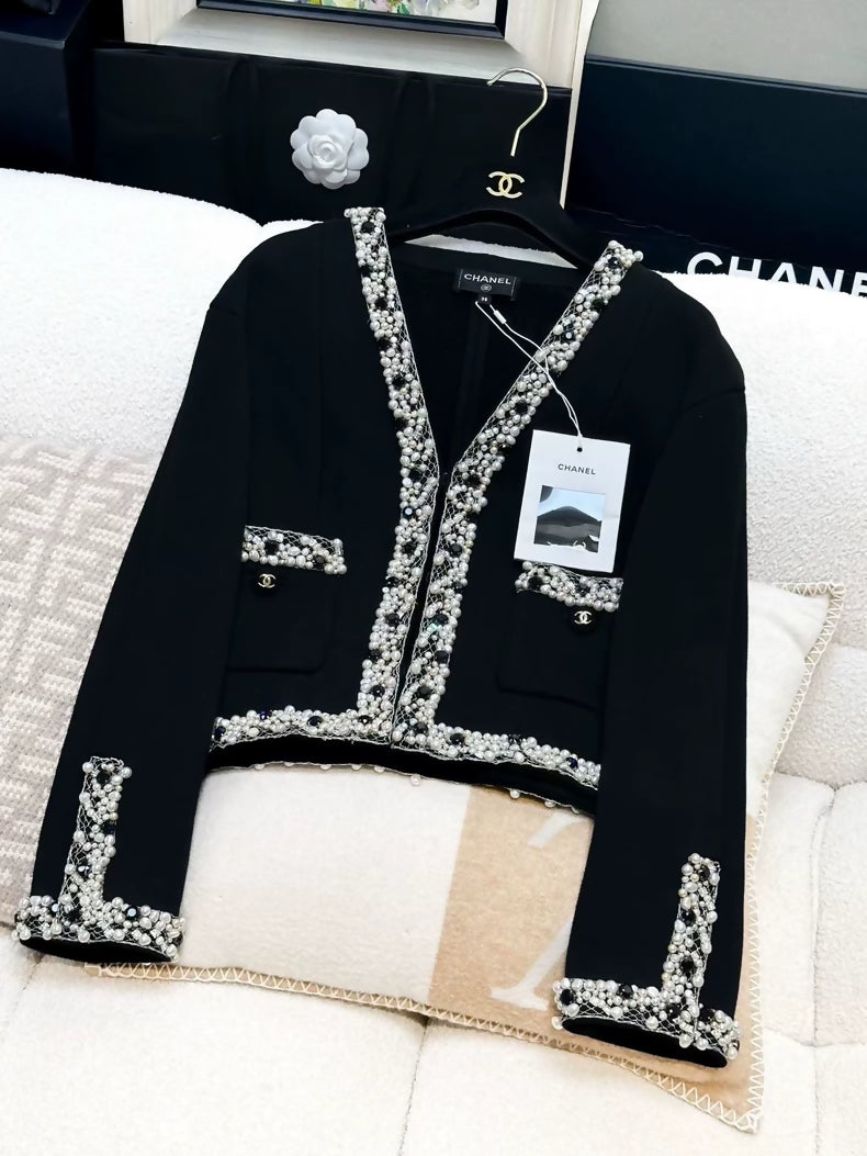 Chanel 20A black tweed & pearls jacket