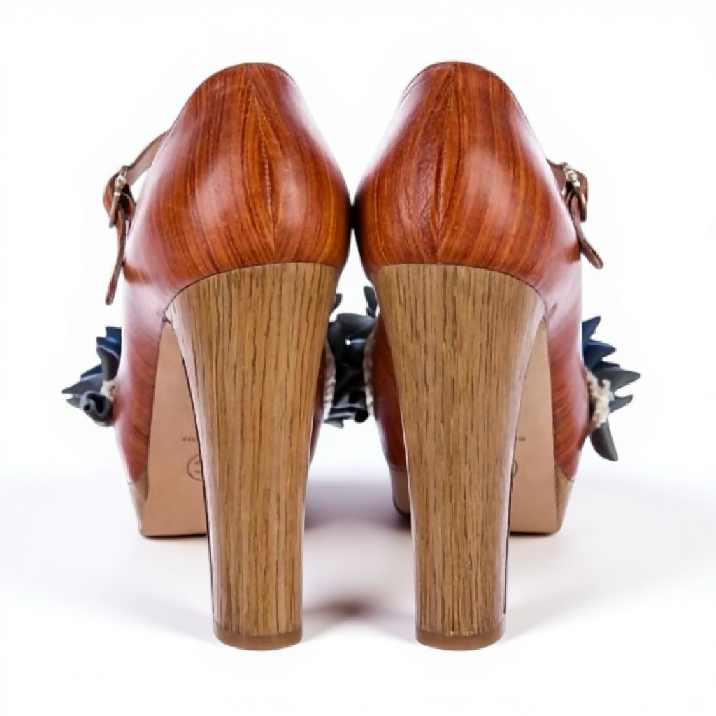 CHANEL 10P RUNWAY FLORAL PLATFORM MARYJANE WOODEN HEELS EU 39
