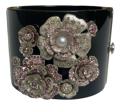 Rare Chanel 12P Black Pink Crystals Camellia Flower Double Sided CC Cuff Bracelet