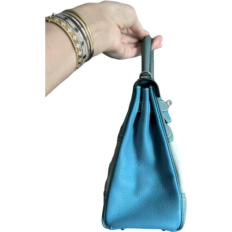 Hermes vintage Kelly 32 lace collection in suede denim blue