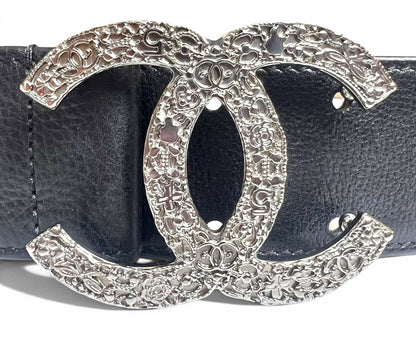 Chanel 08A London Black Caviar Leather Silver CC Charm Emblems Belt Size 95/38