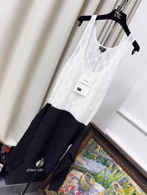 Chanel 24S white lace quilted black belted knit dress