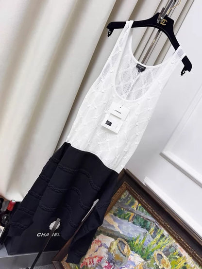 Chanel 24S white lace quilted black belted knit dress
