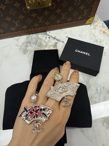 Chanel 25A Métiers d'Art Pearl Camellia Petal Glass Fan with Double C Pendant and Rhinestone Earrings