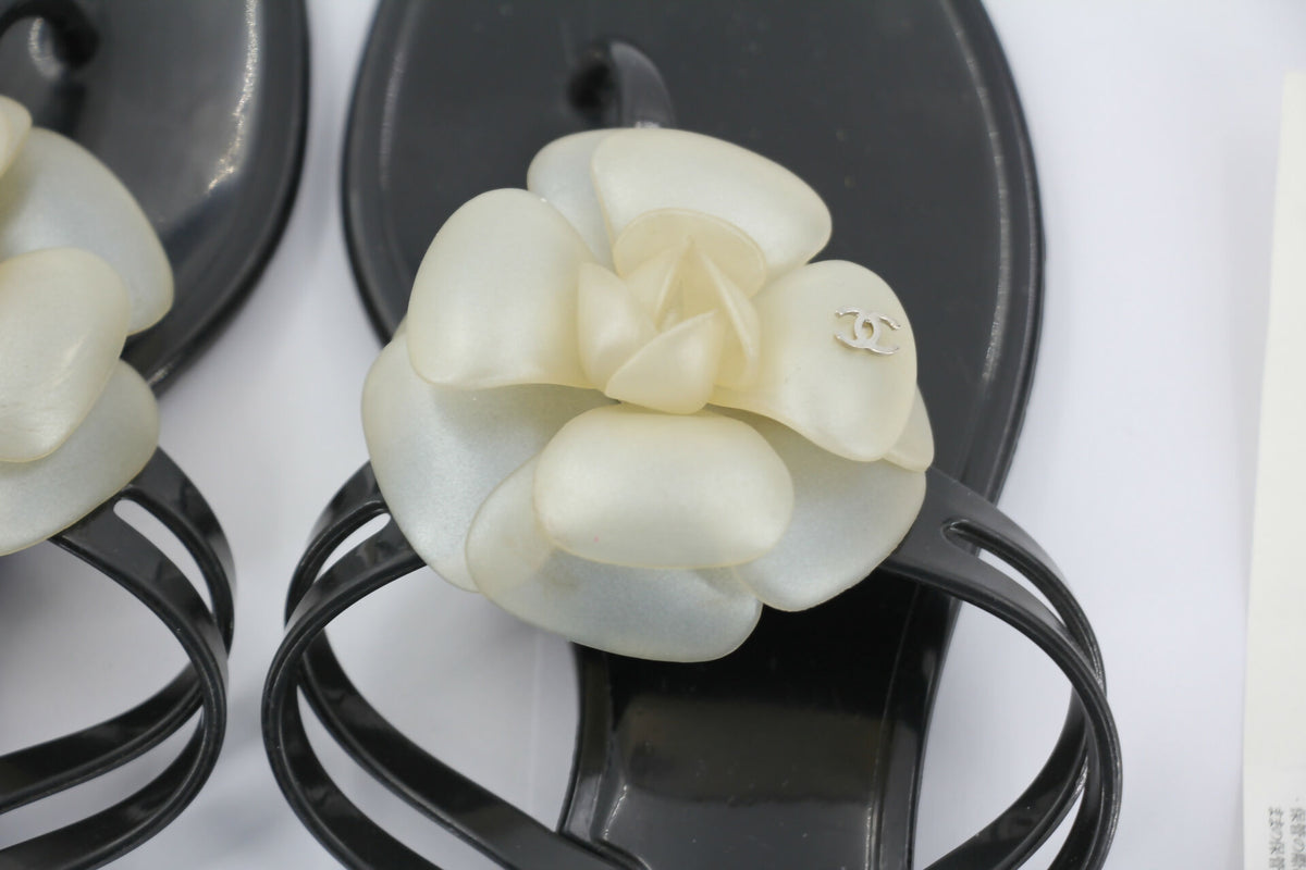 Chanel Rubber Black Leather Cream Camellia Sandals
