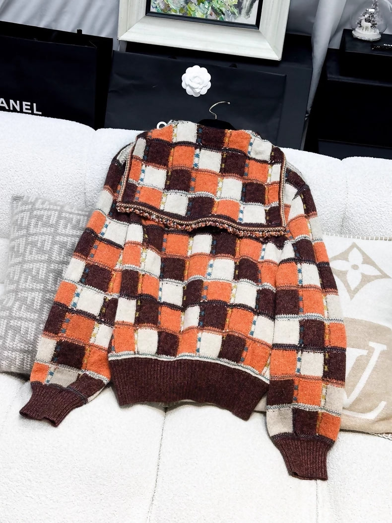 Chanel 2018 khaki and orange color-blocked plaid cashmere knit cardigan