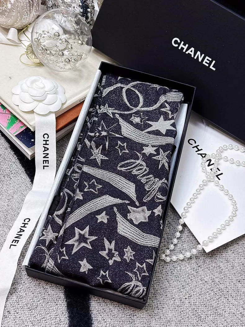 Chanel 24C Star & Comet Logo Black & Silver Glitter leggings socks