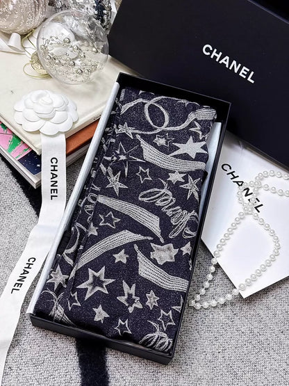 Chanel 24C Star & Comet Logo Black & Silver Glitter leggings socks