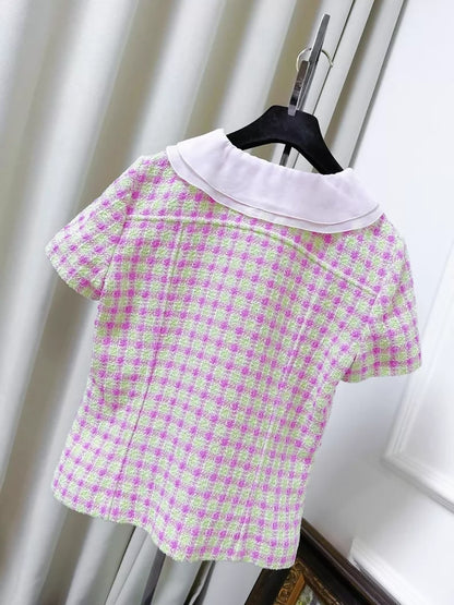 Chanel 25S pink and green plaid silk tweed jacket