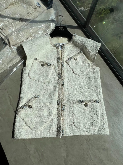 Chanel ecru tweed cardigan vest