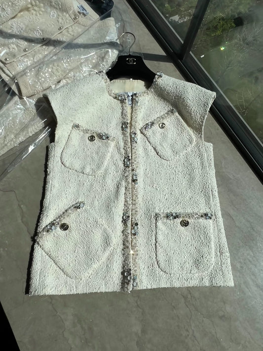 Chanel ecru tweed cardigan vest