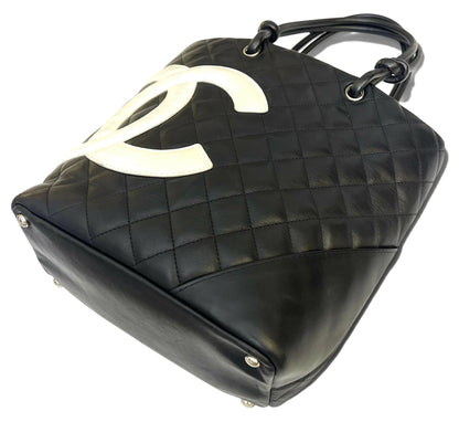 Chanel 2005 Black White Calfskin Quilted Medium Cambon Tote Bag