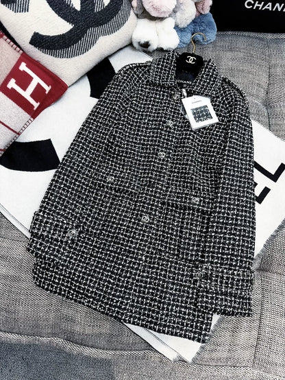 Chanel 20p Black Tweed Coat