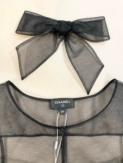 Chanel 25K black tulle blouse with bow