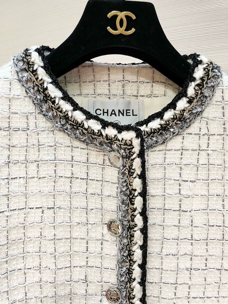 Chanel 25S Black and white checkered tweed cape coat