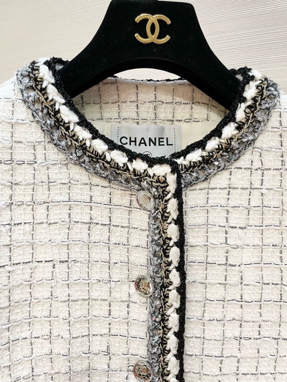 Chanel 25S Black and white checkered tweed cape coat