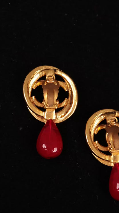 Chanel 1991 Gold CC Red Glass Pendant Earrings