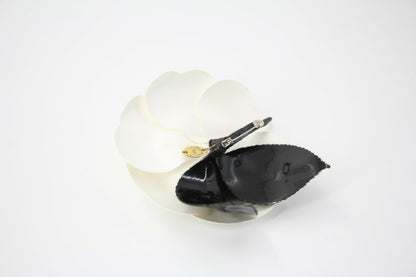 Chanel Vintage 81-85 Velvet Black Leaf White Camellia Brooch
