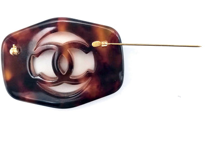 Chanel Vintage 97P Acrylic Tortoise Carved Quilted Hollow CC Logo Brooch