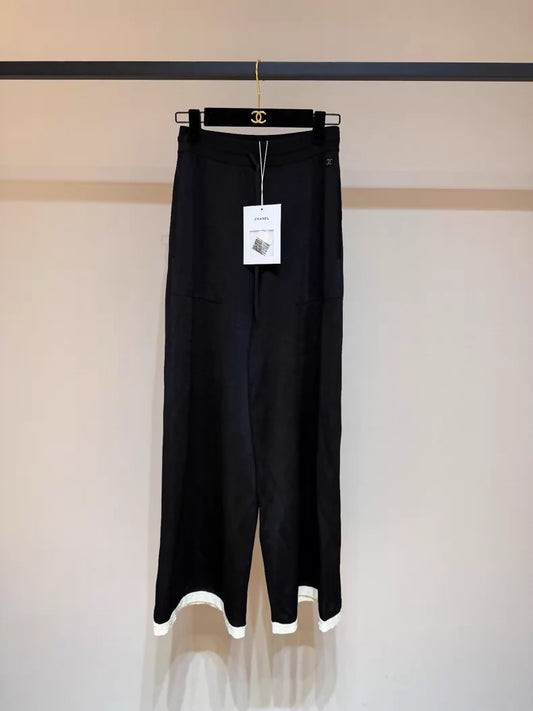Chanel 25A Black Wide-Leg Trousers with White Trim