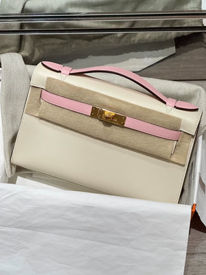 Hermes Kelly Pochette Craie & rose Sakura Pink Swift Leather with gold hardware
