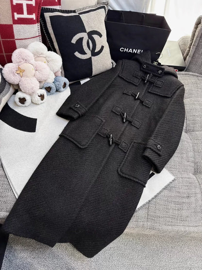 Chanel 21B black tweed hooded long coat with fine shimmer