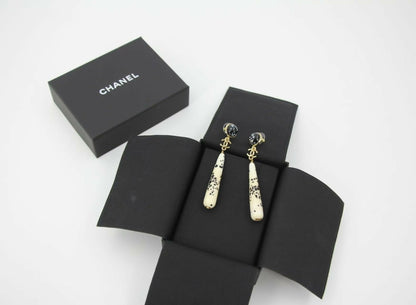 Chanel 26A Resin Polka Dot Black and White Drop Stud Earrings