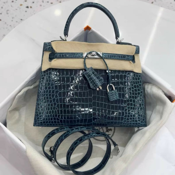 Hermès Kelly 25 Vert Rousseau Shiny Crocodile Palladium - Wararni