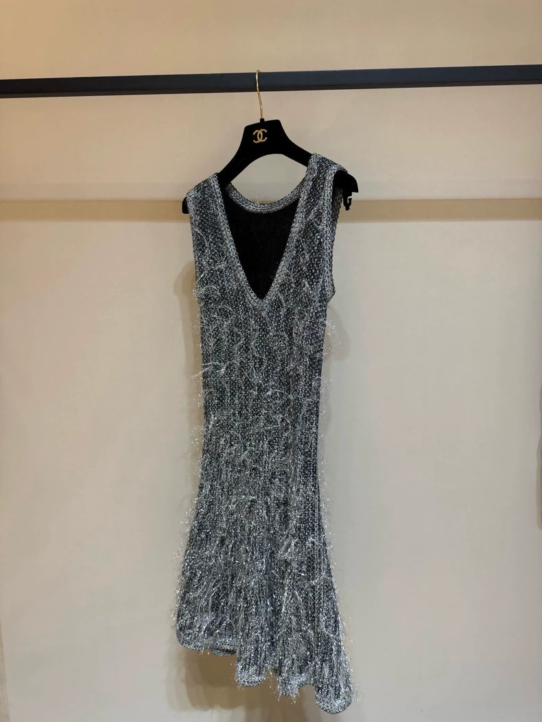 Chanel 19P silver thread tassel dress