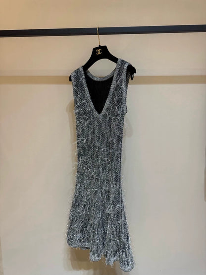 Chanel 19P silver thread tassel dress