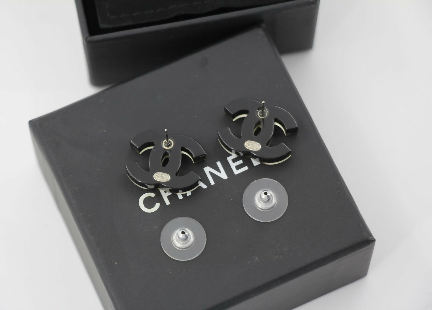 Chanel 17S Resin Gold Powder Black Stud Earrings