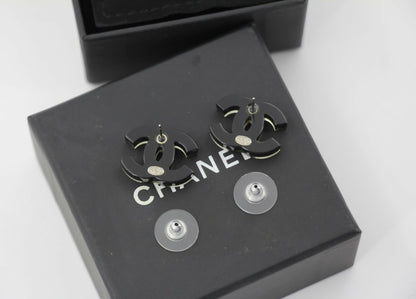 Chanel 17S Resin Gold Powder Black Stud Earrings
