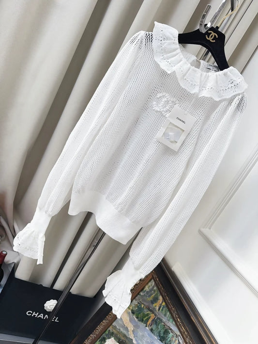 Chanel 25p white ruffle top