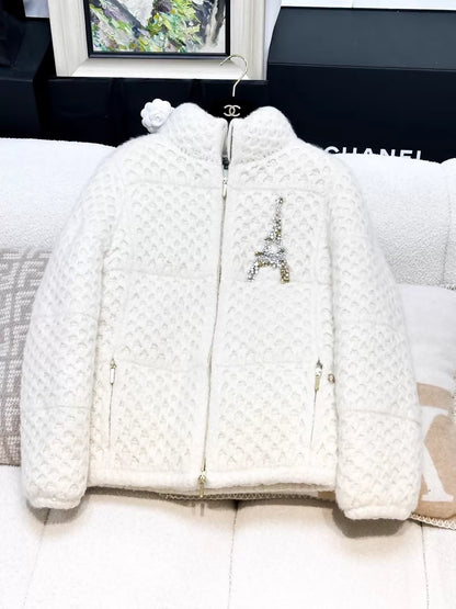 Chanel 17A ecru tweed down jacket