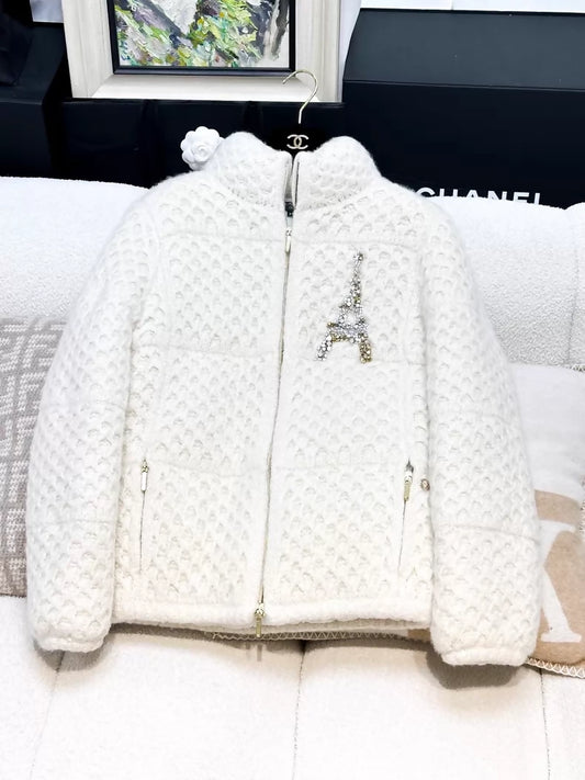 Chanel 17A ecru tweed down jacket