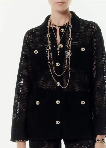 Chanel 23S black knit wide-leg pants with rhinestone buttons