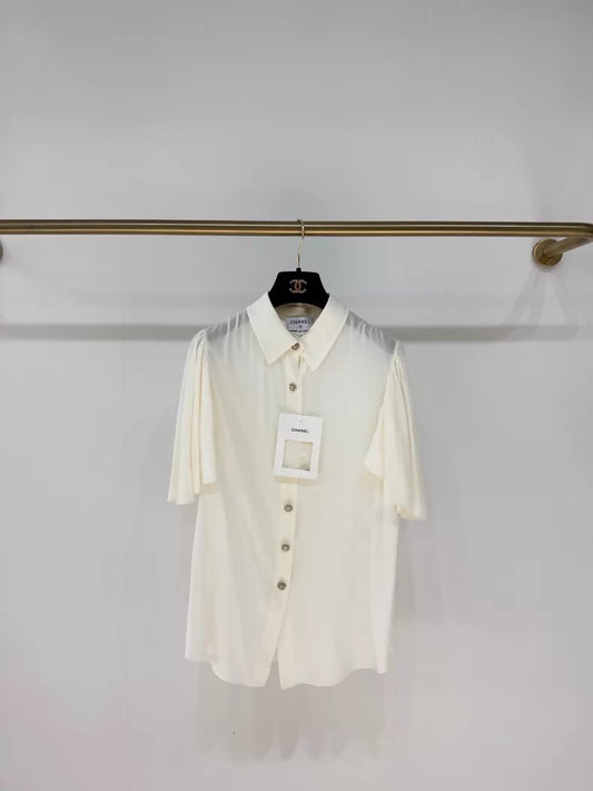 Chanel 25S ecru Silk Shirt with Rhinestone Buttons