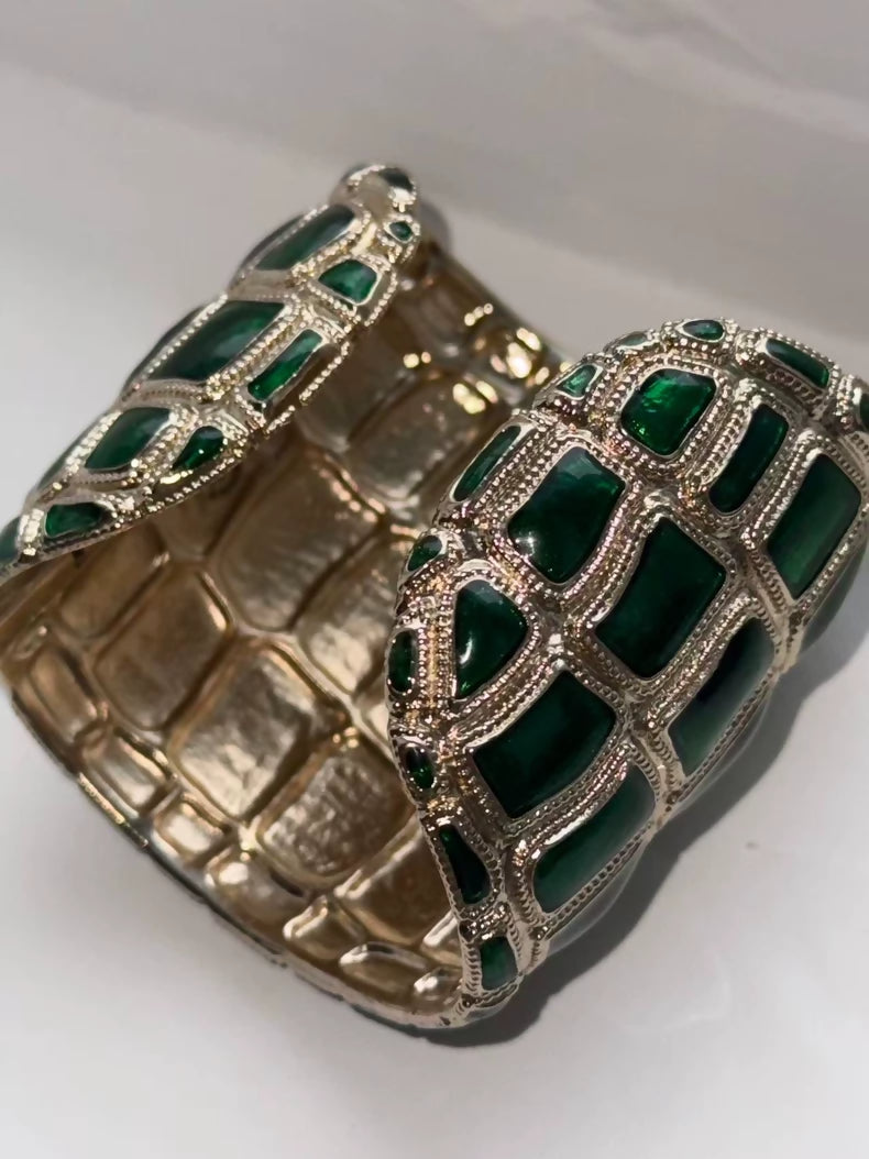 Chanel 2019 Wide Bangle in Green Enamel Heavy Craftsmanship