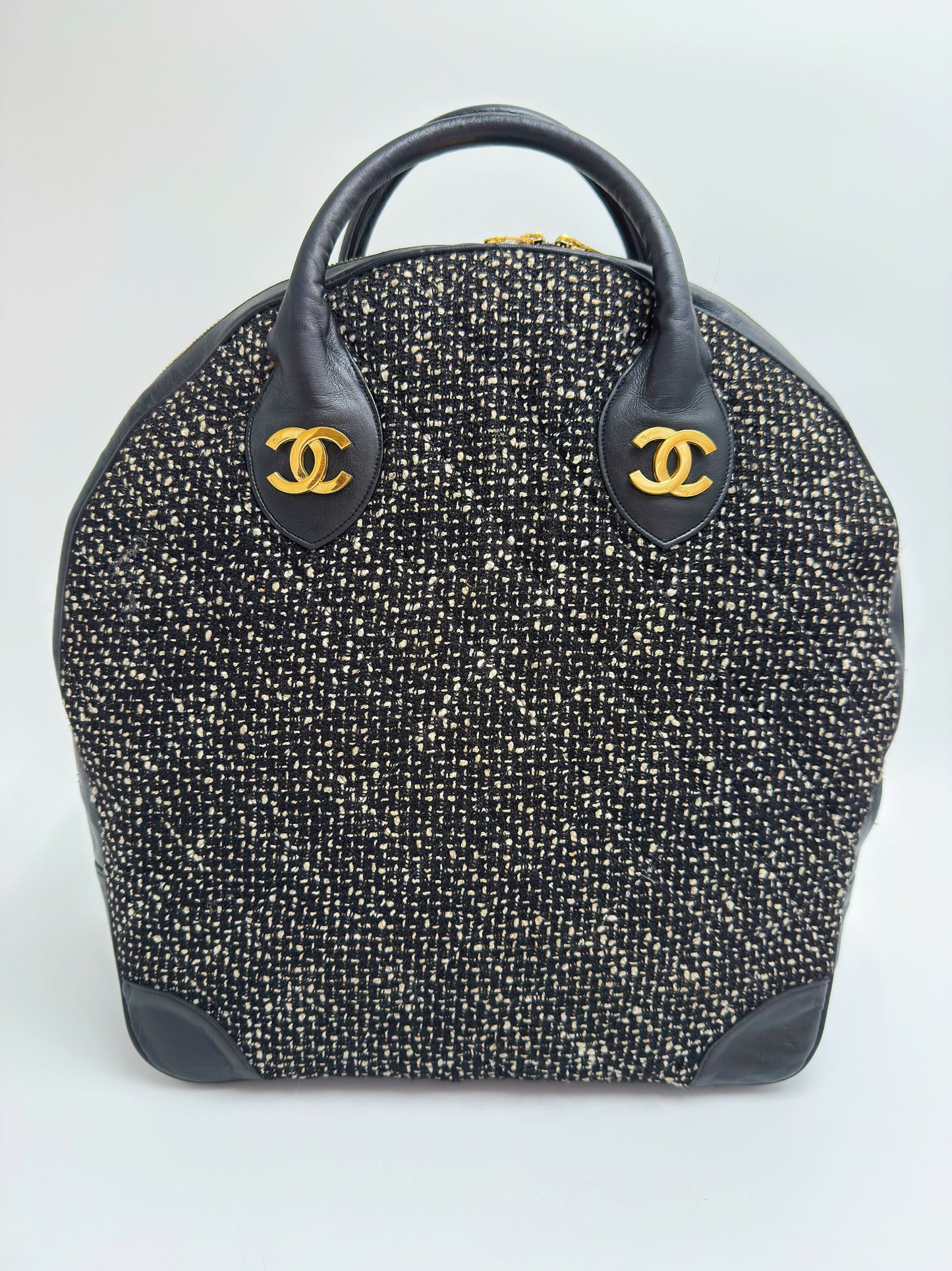Chanel 1992 Half Moon Top Handle Bag – Black Tweed & Leather with Gold Hardware
