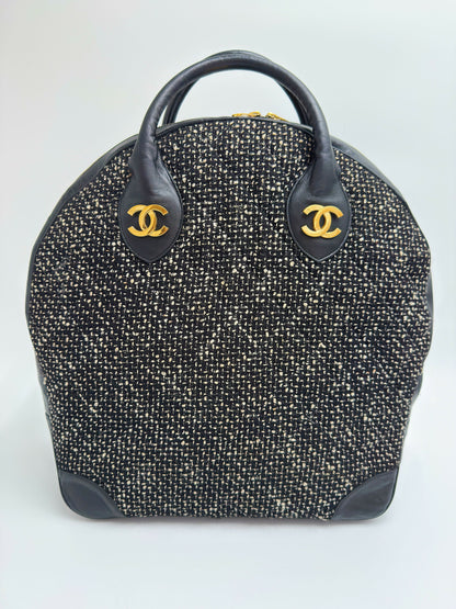 Chanel 1992 Half Moon Top Handle Bag – Black Tweed & Leather with Gold Hardware