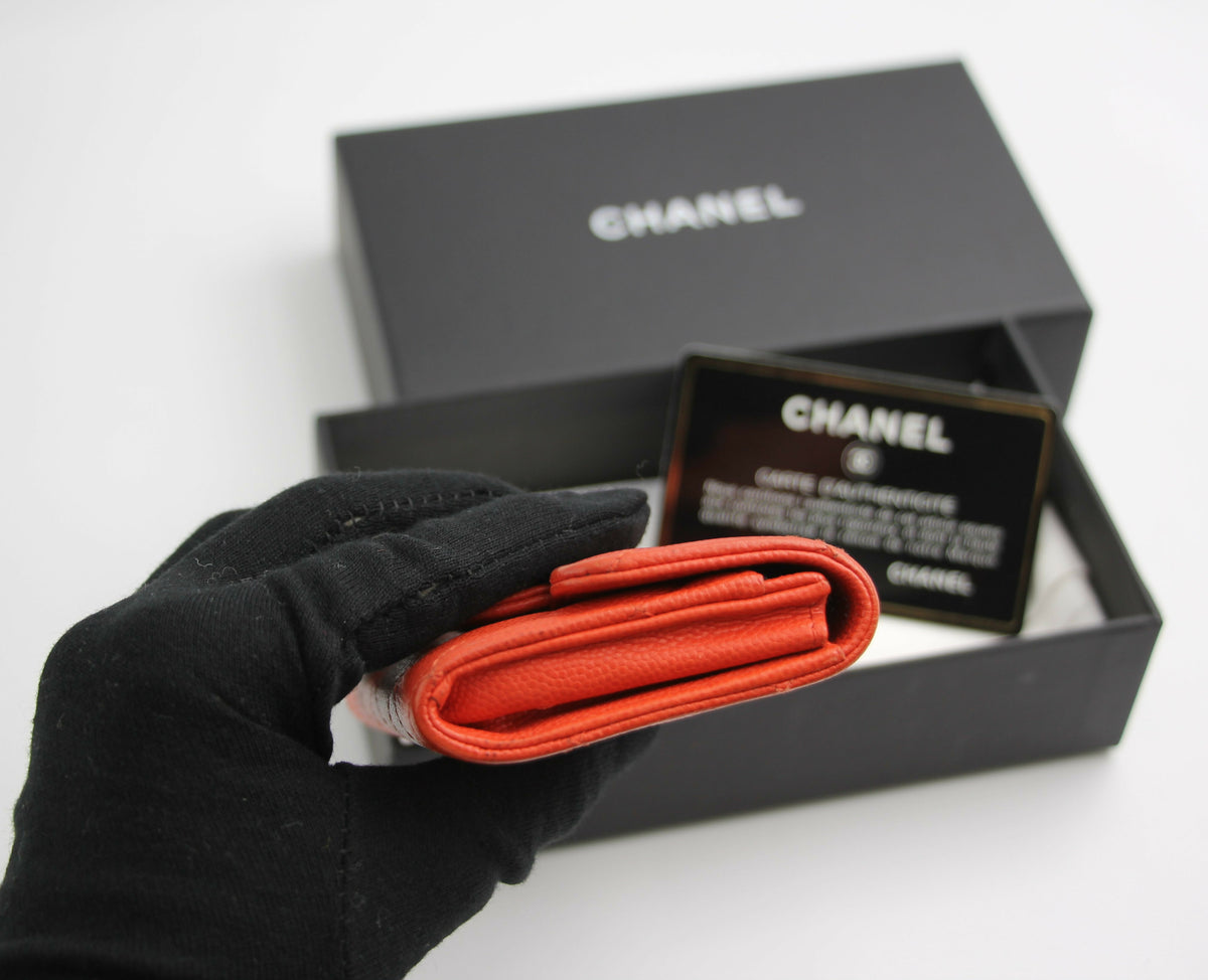 Chanel 2016 Authentic Caviar Quilted Orange Red Flap Card Holder Leather Wallet